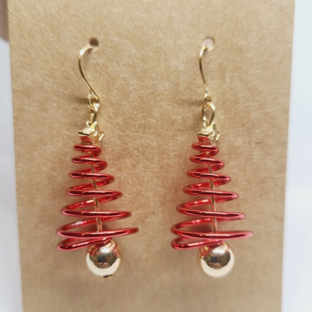 Unbranded‎ Red & Gold Tone Christmas Tree Dangle Drop Earrings Women's NWOT